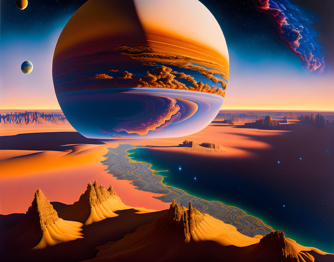 Surreal landscape with ringed planet, orange dunes, and twilight sky