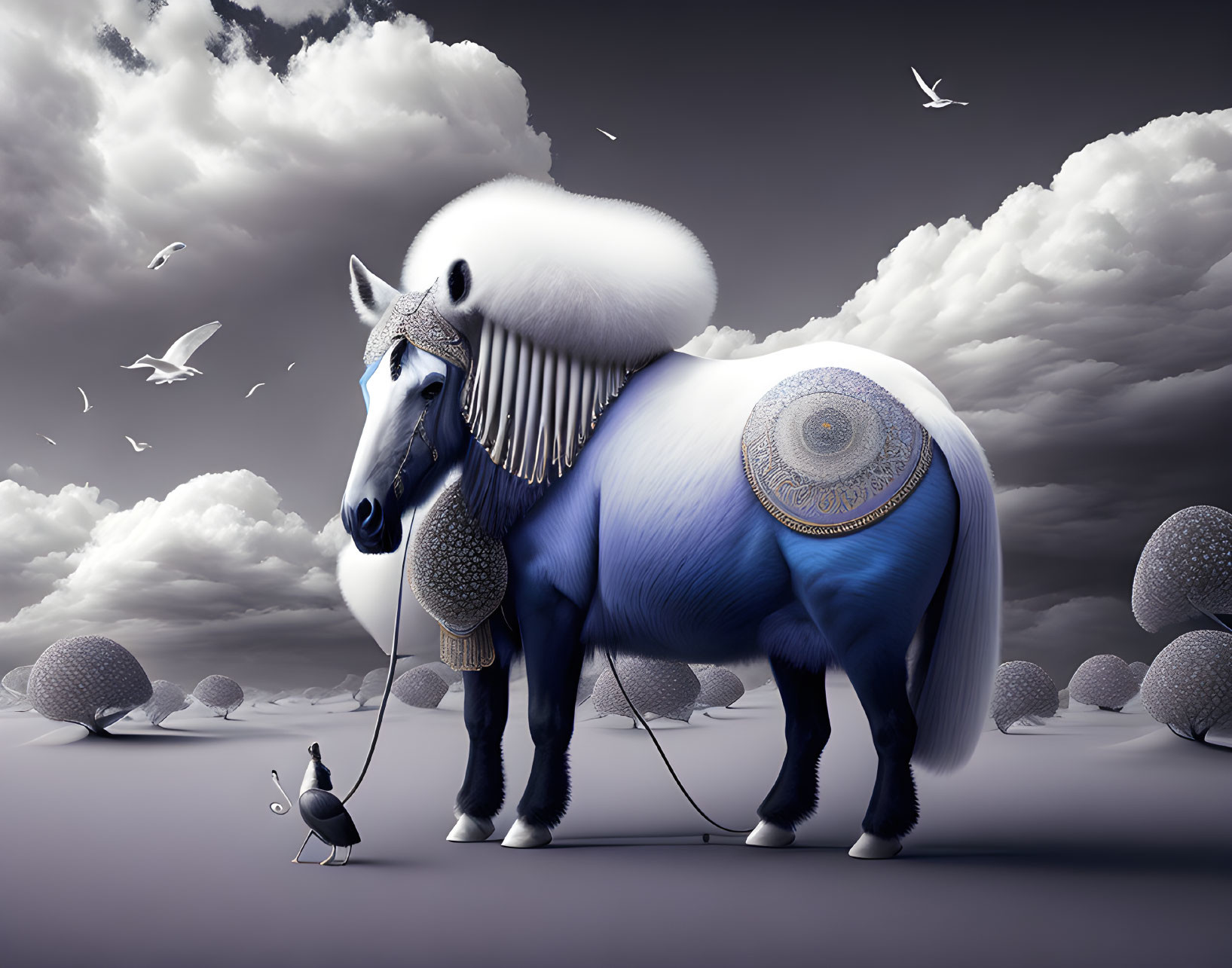 Surreal white horse with bird in cloudy sky landscape