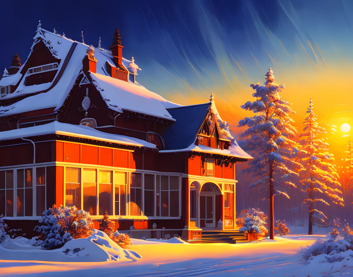 Snowy Victorian-style house in warm sunset hues with star trails and towering pine tree