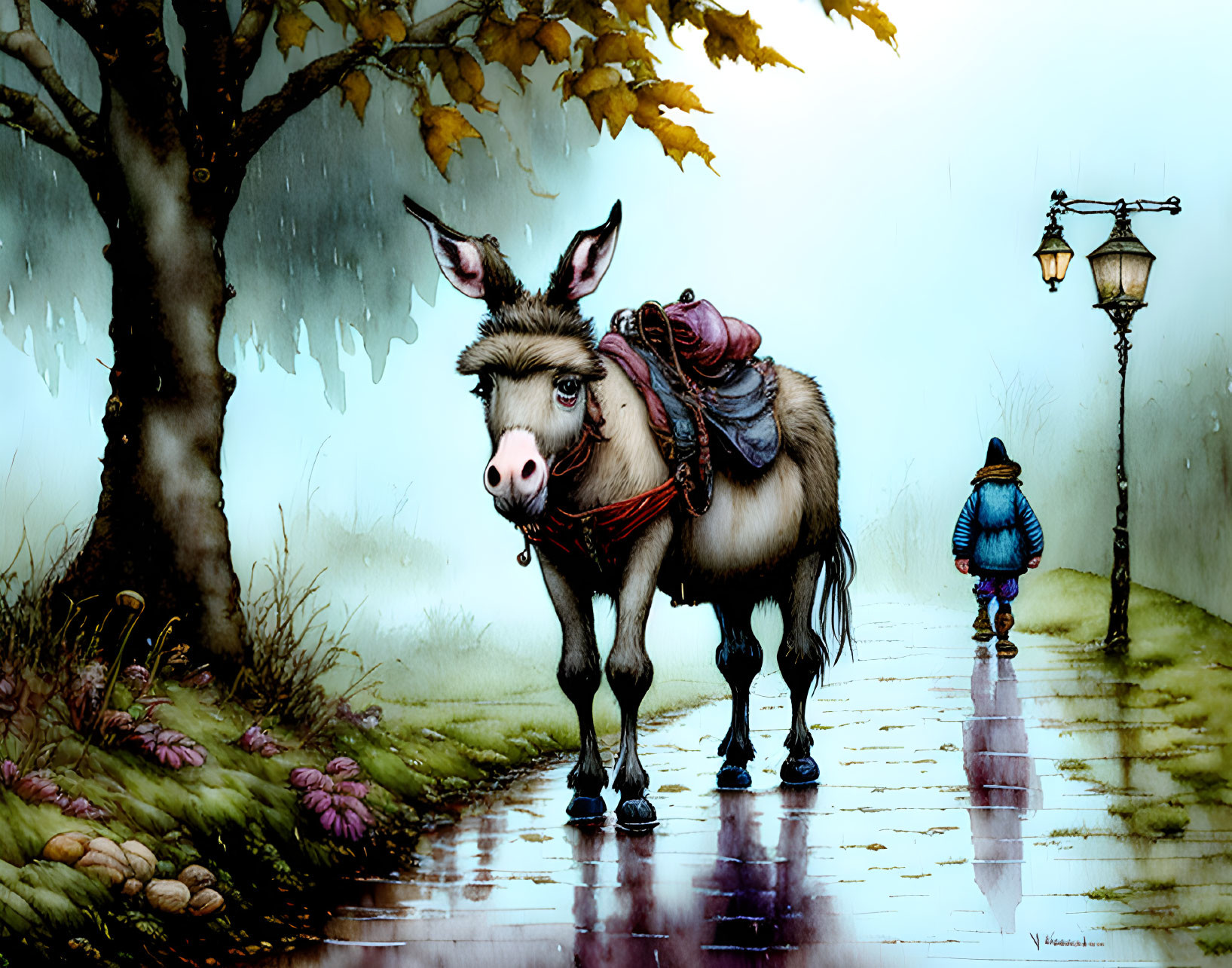 Donkey with bags on wet path beside tree and lamp post in misty setting