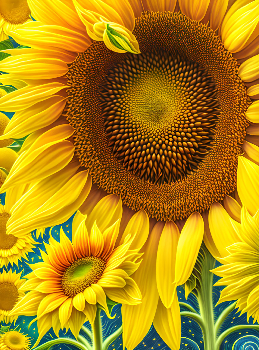 Colorful Sunflower Illustration on Blue Background