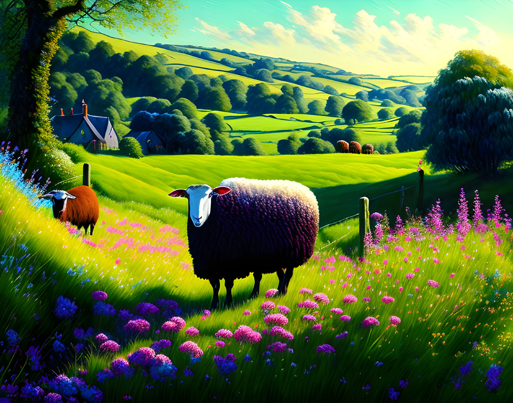 Scenic landscape with sheep, wildflowers, hills, trees, cottage under blue sky