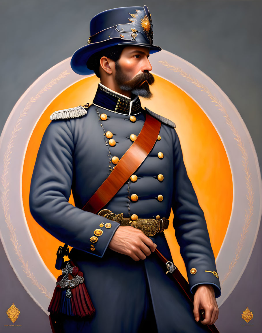 Man in Blue Military Uniform with Gold Buttons and Sword