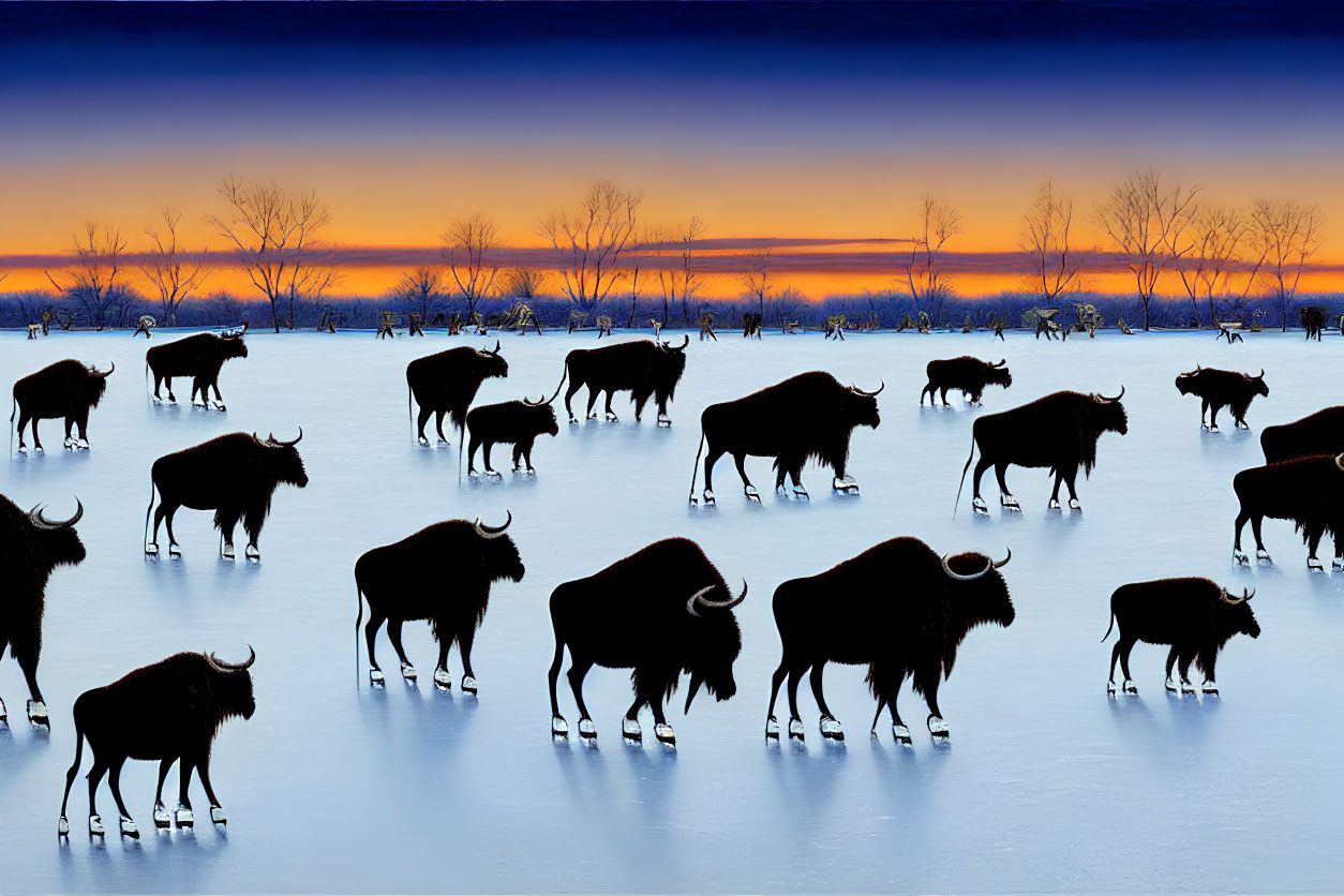 Bison herd on snowy landscape at dusk with orange and blue sky