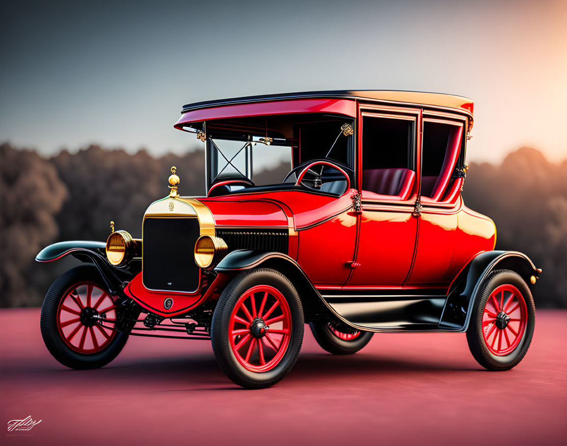 Classic Red Car with Gold Trim and Wooden Spoke Wheels on Pink Background