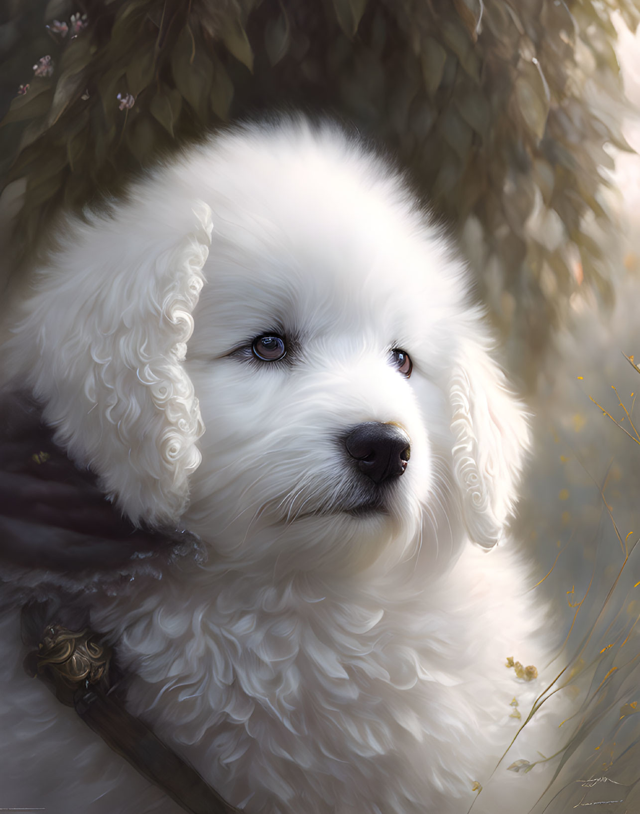 Fluffy White Dog with Blue Eyes in Natural Foliage