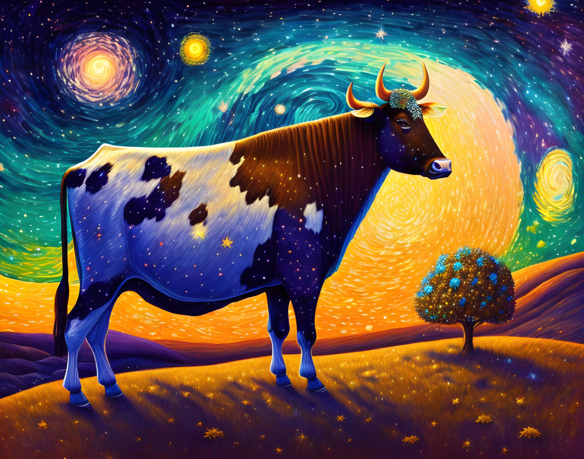 Cosmic-themed cow illustration in vibrant landscape with swirling van Gogh-style sky