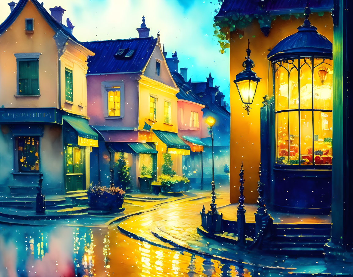 Colorful Cobblestone Street at Twilight with Glowing Lights