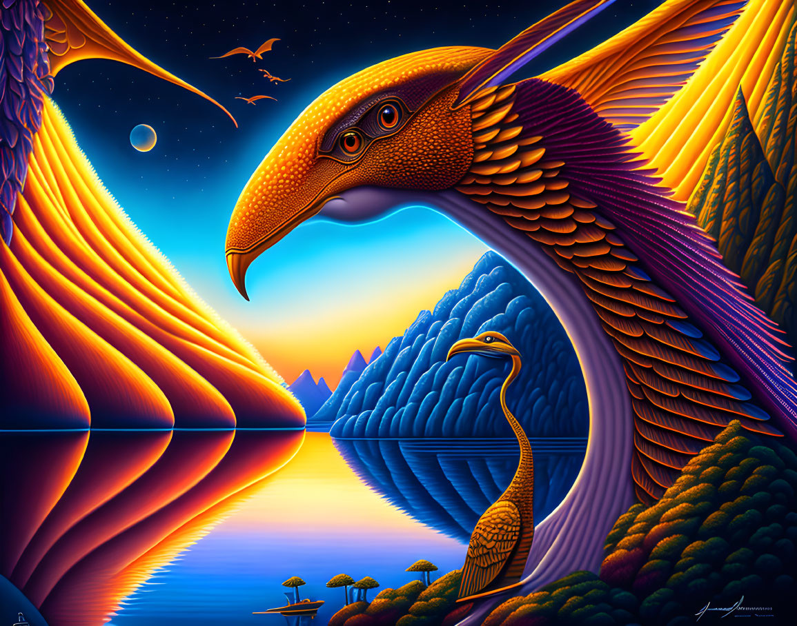 Colorful surreal artwork: Giant bird with outstretched wings, starlit sky, and reflective water