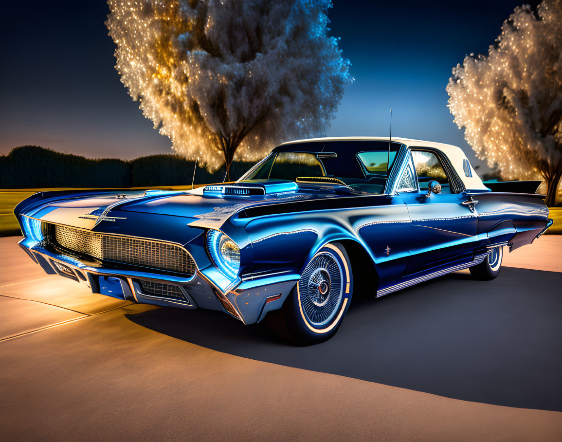 Classic Blue Convertible Car with White Interior at Night