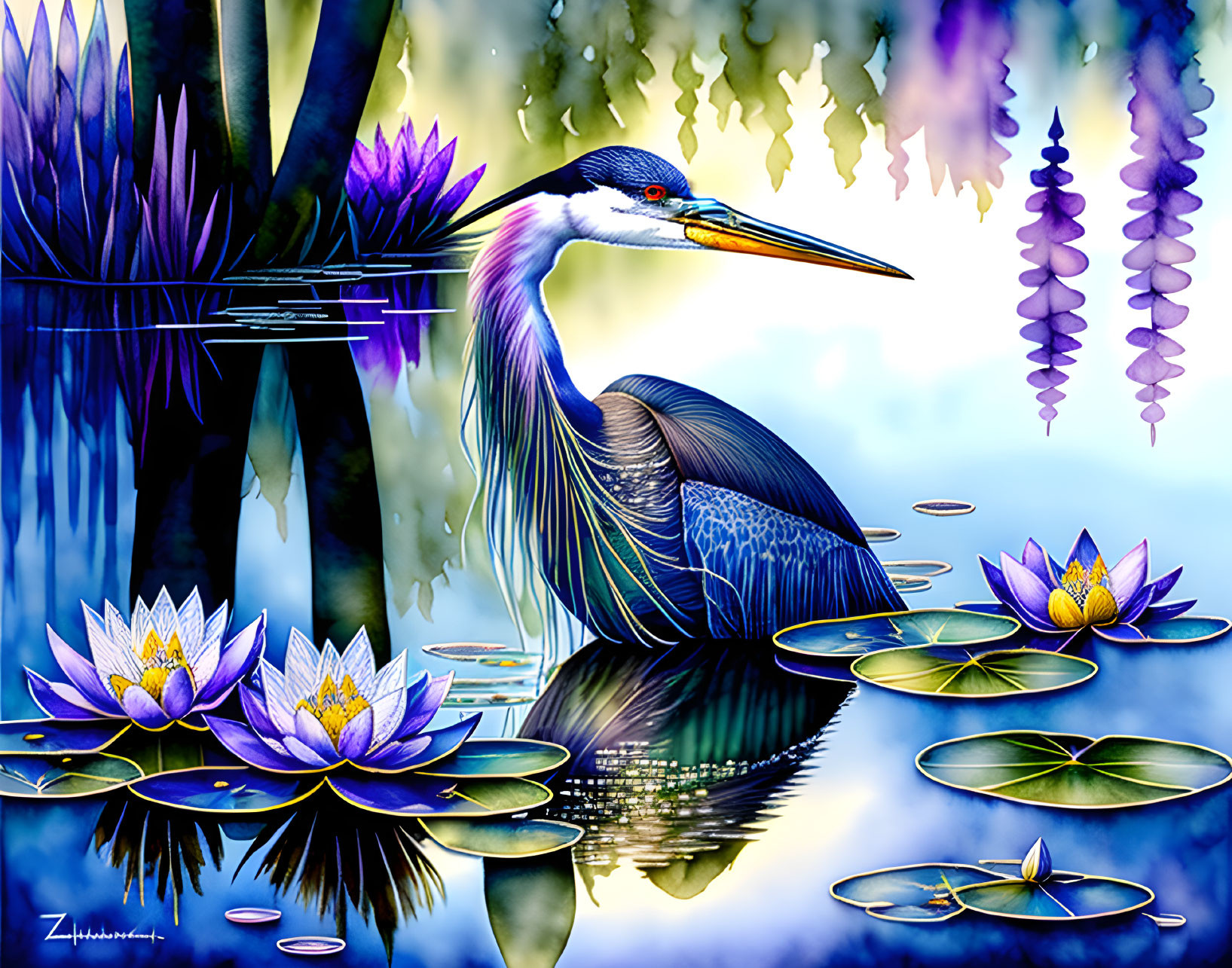 Colorful heron in lily pad and water lily scene