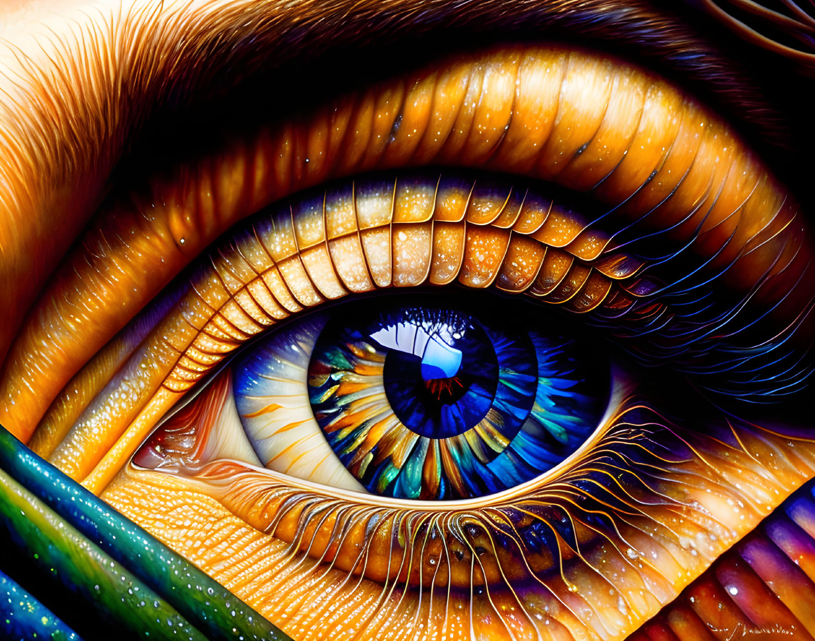 Detailed human eye illustration with vibrant blue iris and exaggerated eyelashes.