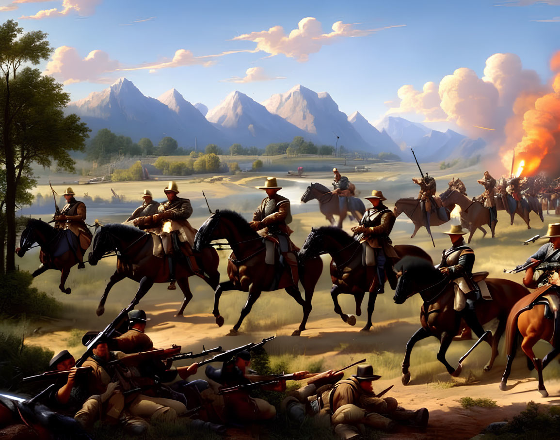 Cavalry charge river with defeated infantry and mountains