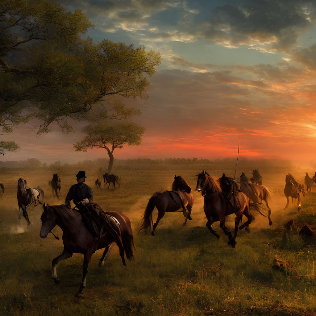 Horse riders and running horses in sunset field with tree