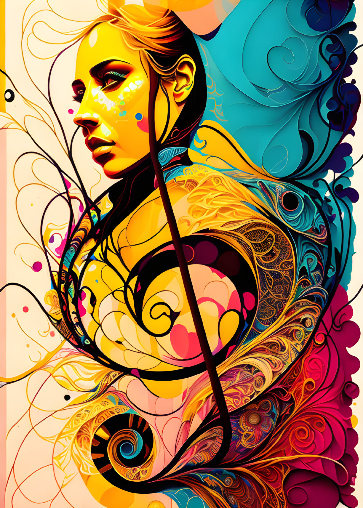 Vibrant abstract illustration of a woman's face with swirling patterns in yellow, red, blue,