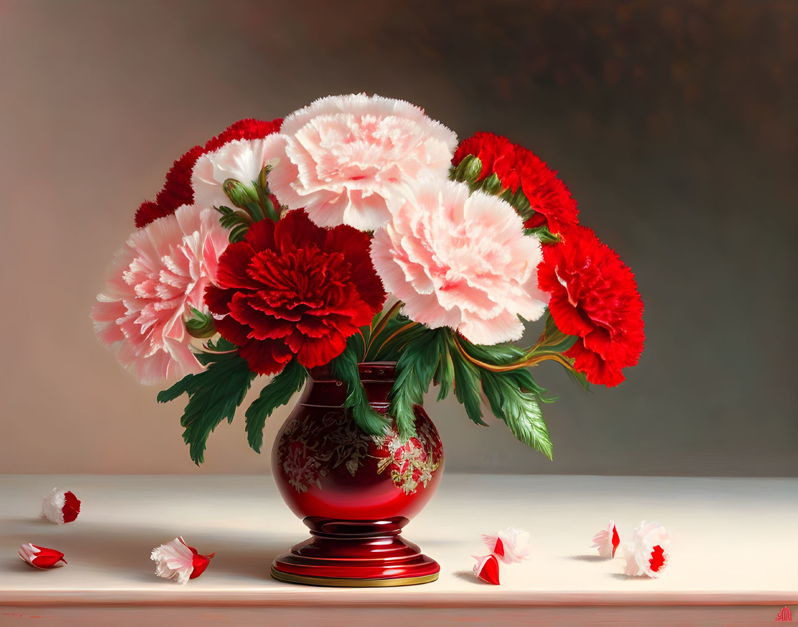 Vibrant Red and Pink Carnations in Ornate Vase