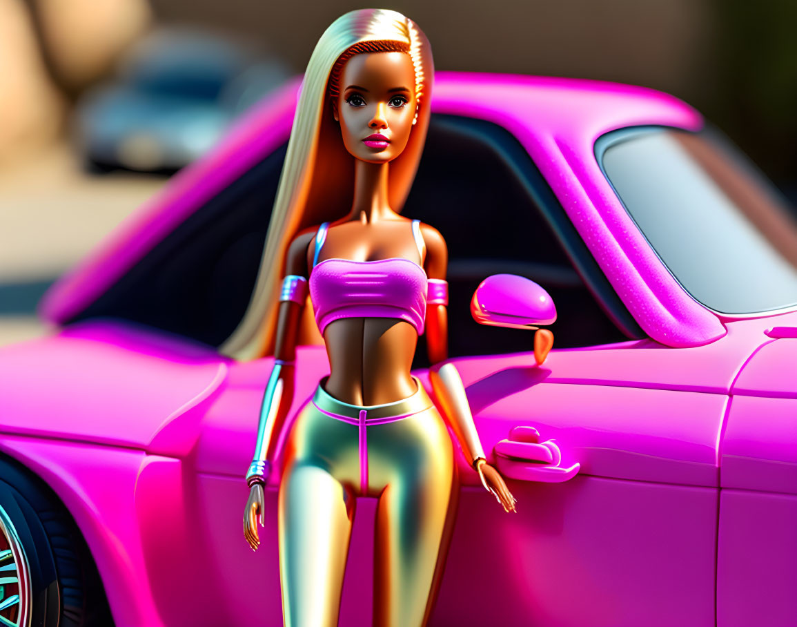 Blonde hair doll posing by shiny purple car