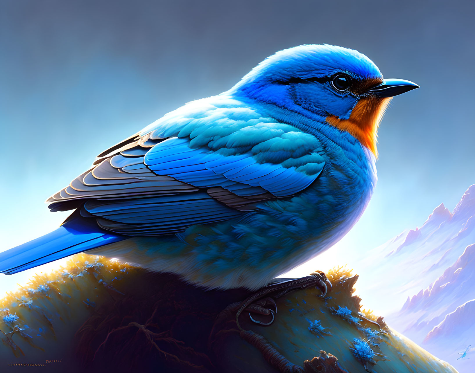 Colorful digital artwork: Blue and orange bird on mossy surface under luminous sky