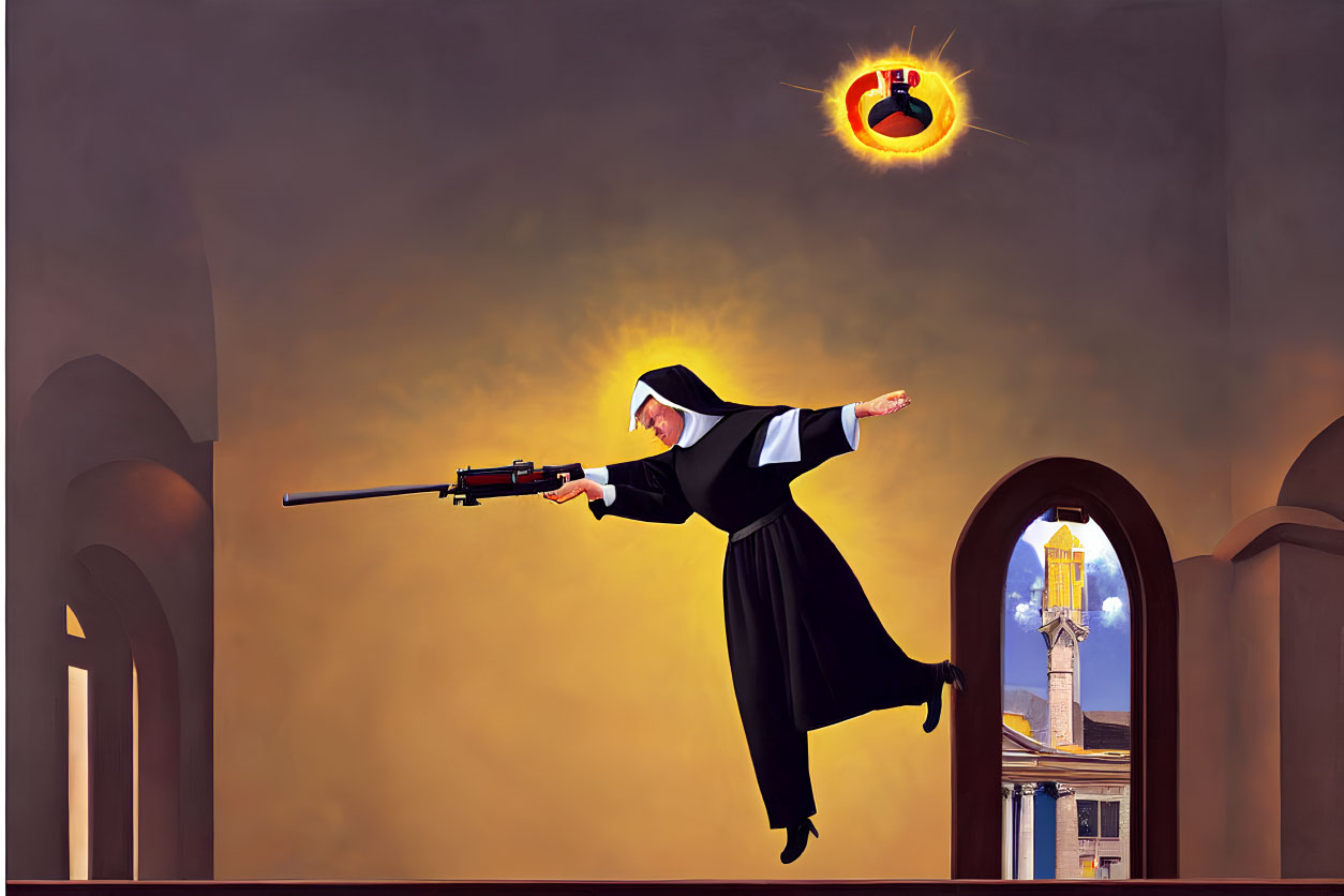 Nun with rifle aims at floating grenade in arched corridor