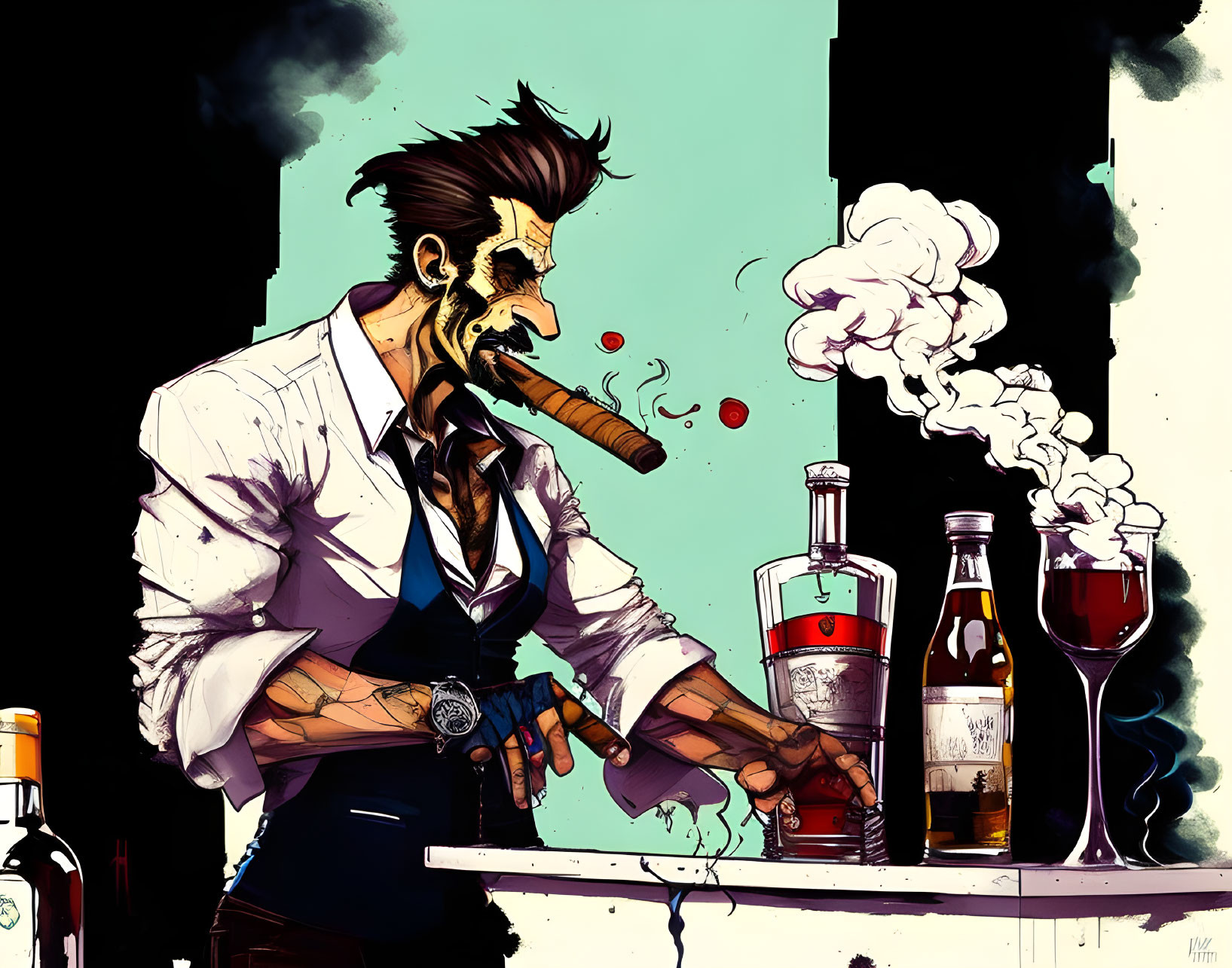 Illustration of stylish man with cigar and alcohol bottles