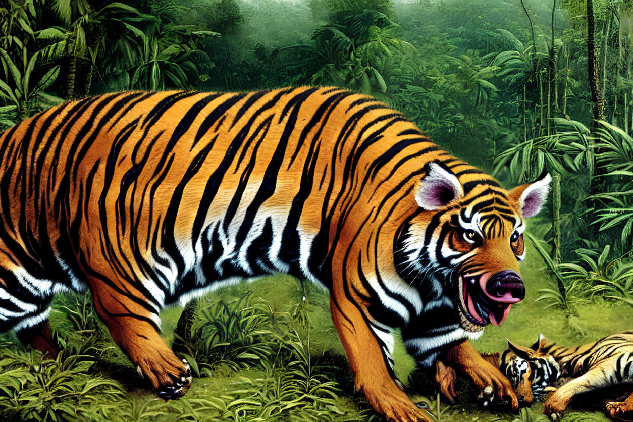 Tiger and Cub in Lush Jungle Scene