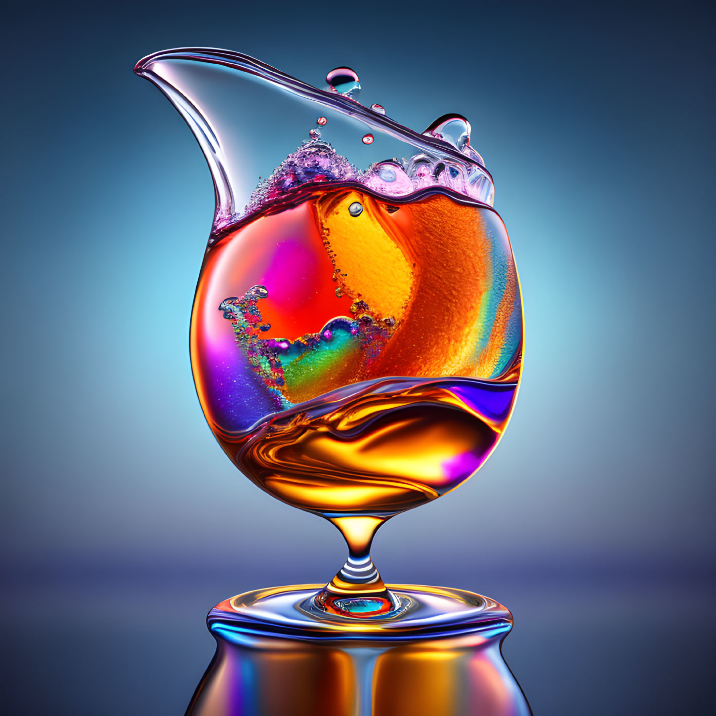 Colorful liquid splash in glass on blue gradient background