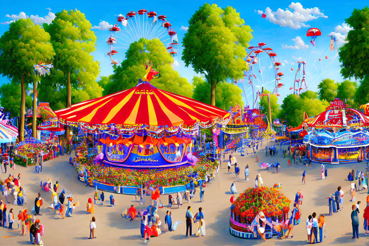 Colorful amusement park with carousel, Ferris wheel, and sunny crowds