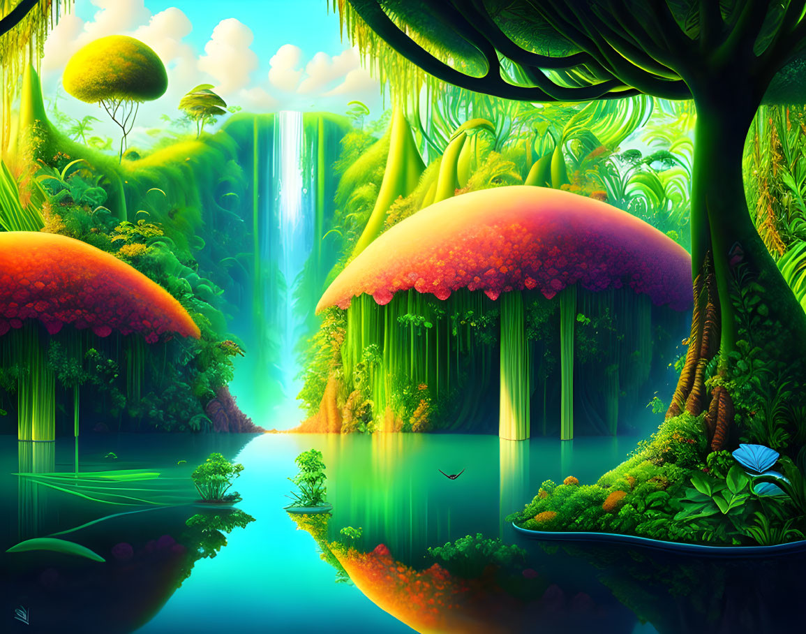 Fantasy landscape with oversized mushrooms, lush greenery, waterfall, and magical sky