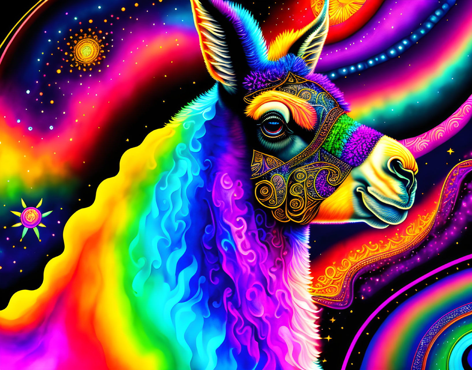 Colorful llama illustration on cosmic background