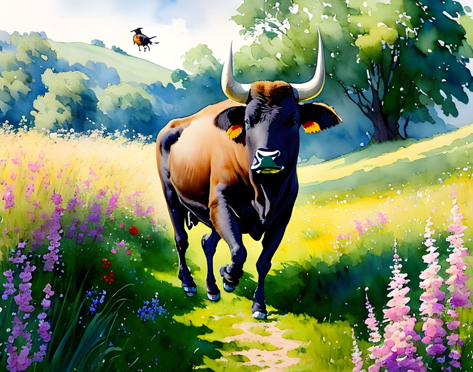 Colorful Illustration: Brown Bull with Horns in Flower Meadow