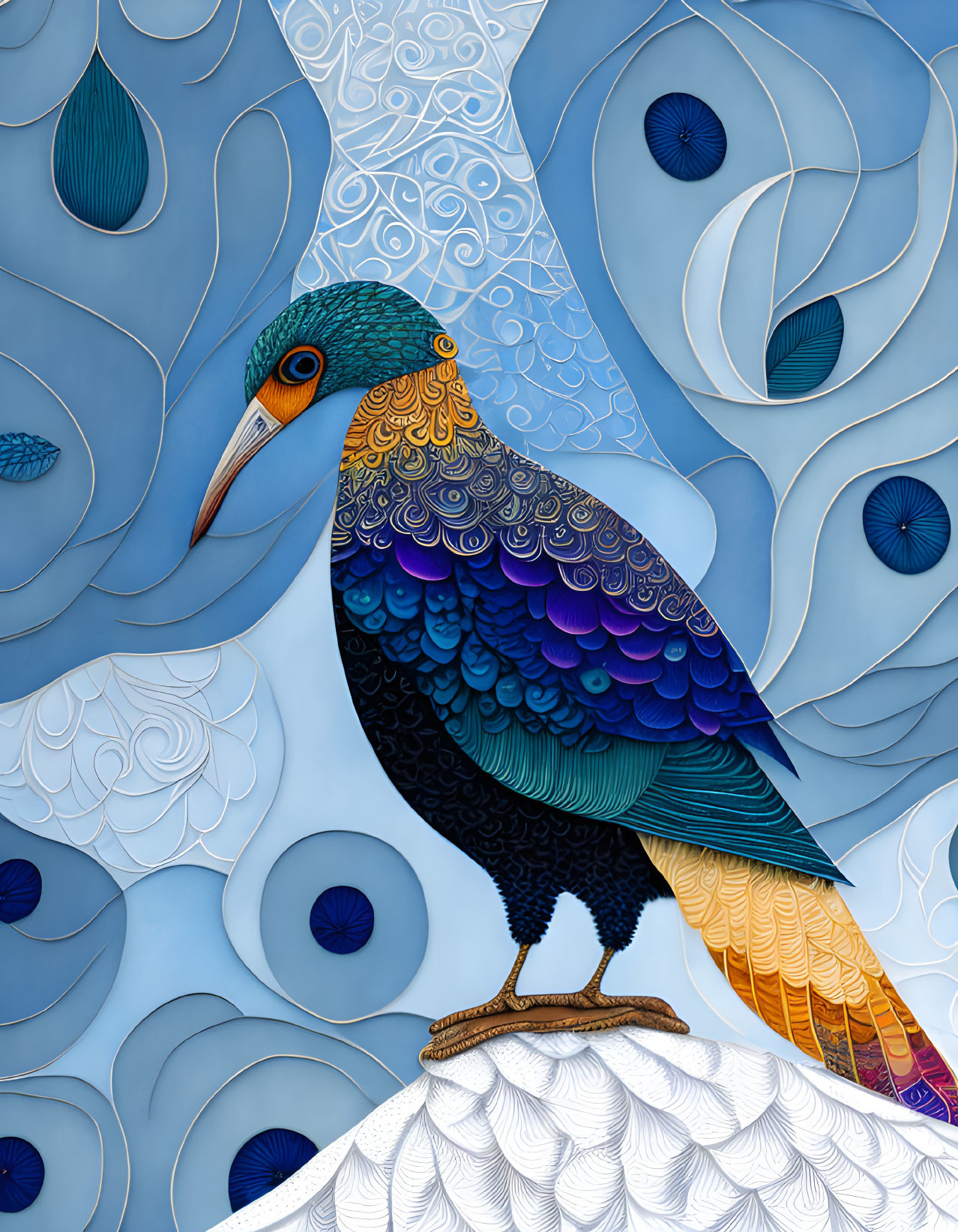 Colorful Stylized Bird Illustration in Blue, Gold, and Orange on Patterned Background