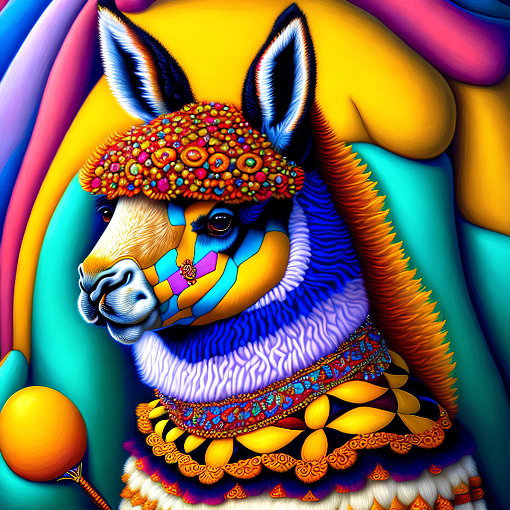 Colorful llama illustration with intricate patterns and abstract background