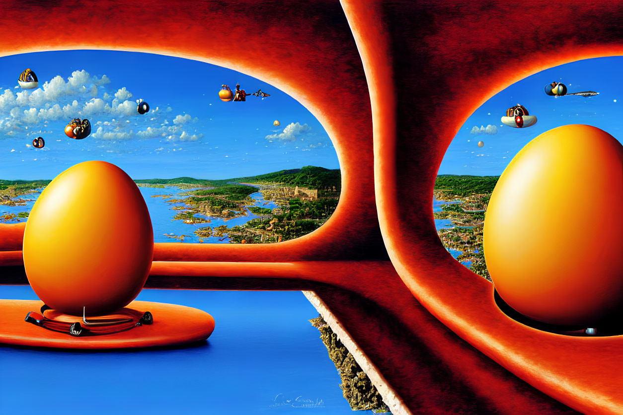 Surreal landscape with blue skies, clouds, flying machines, orange arches, golden eggs