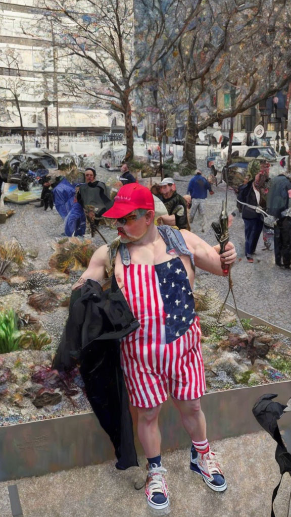 Person in US flag tank top and shorts holding rifle and jacket in city setting.