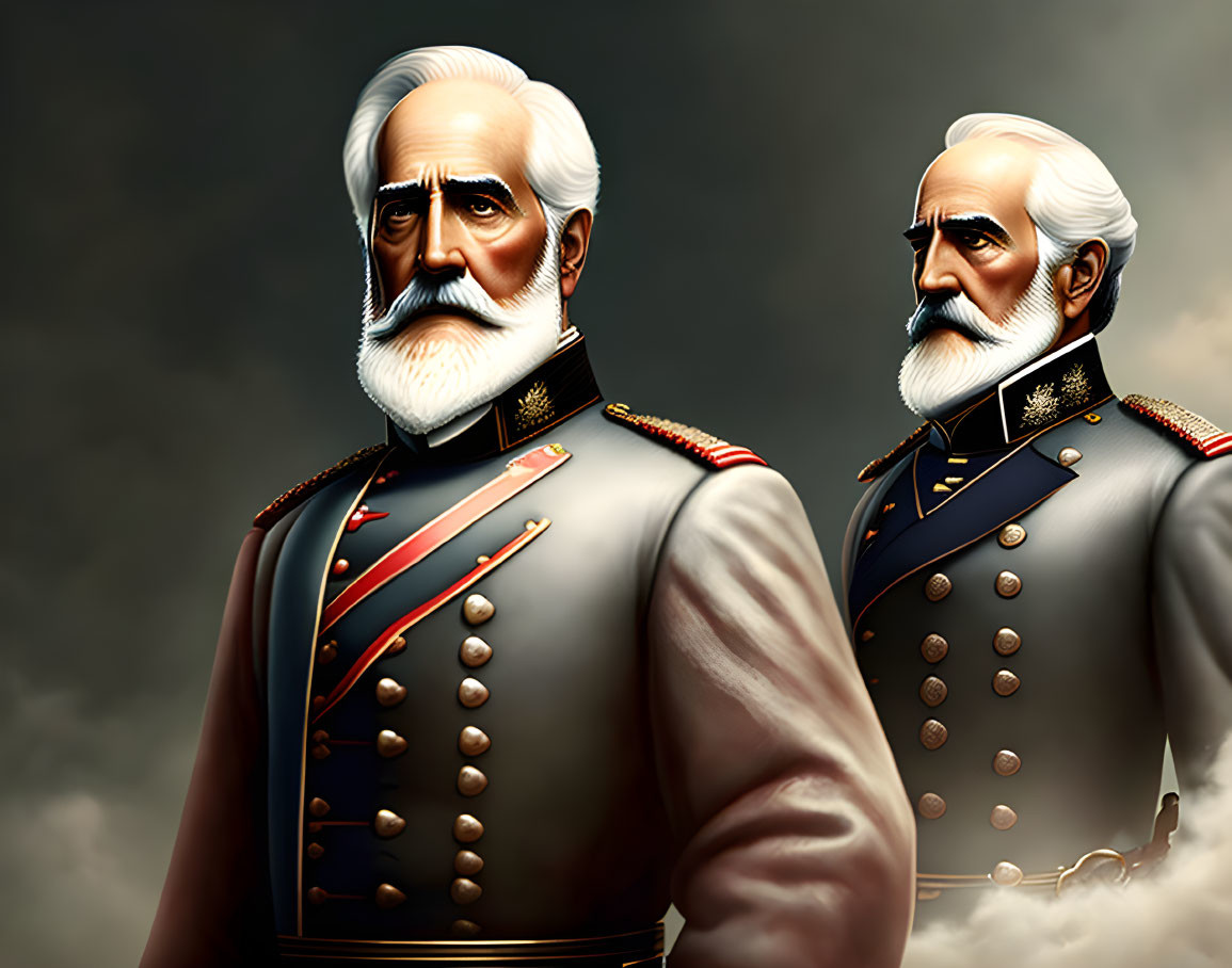 Two men in historical military uniforms with white beards and medals on grey backdrop