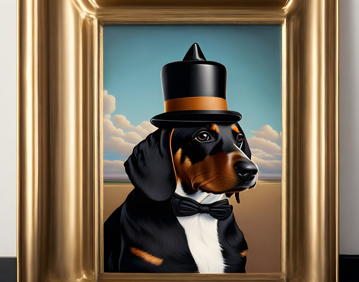 Black and Tan Dog in Top Hat and Bow Tie Portrait with Blue Sky and Clouds Background