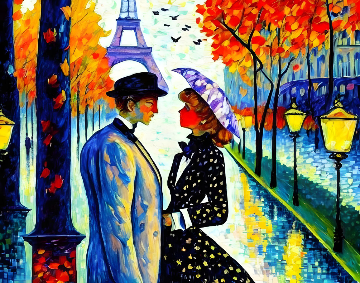 Colorful painting of couple in vintage attire near Eiffel Tower and autumn trees