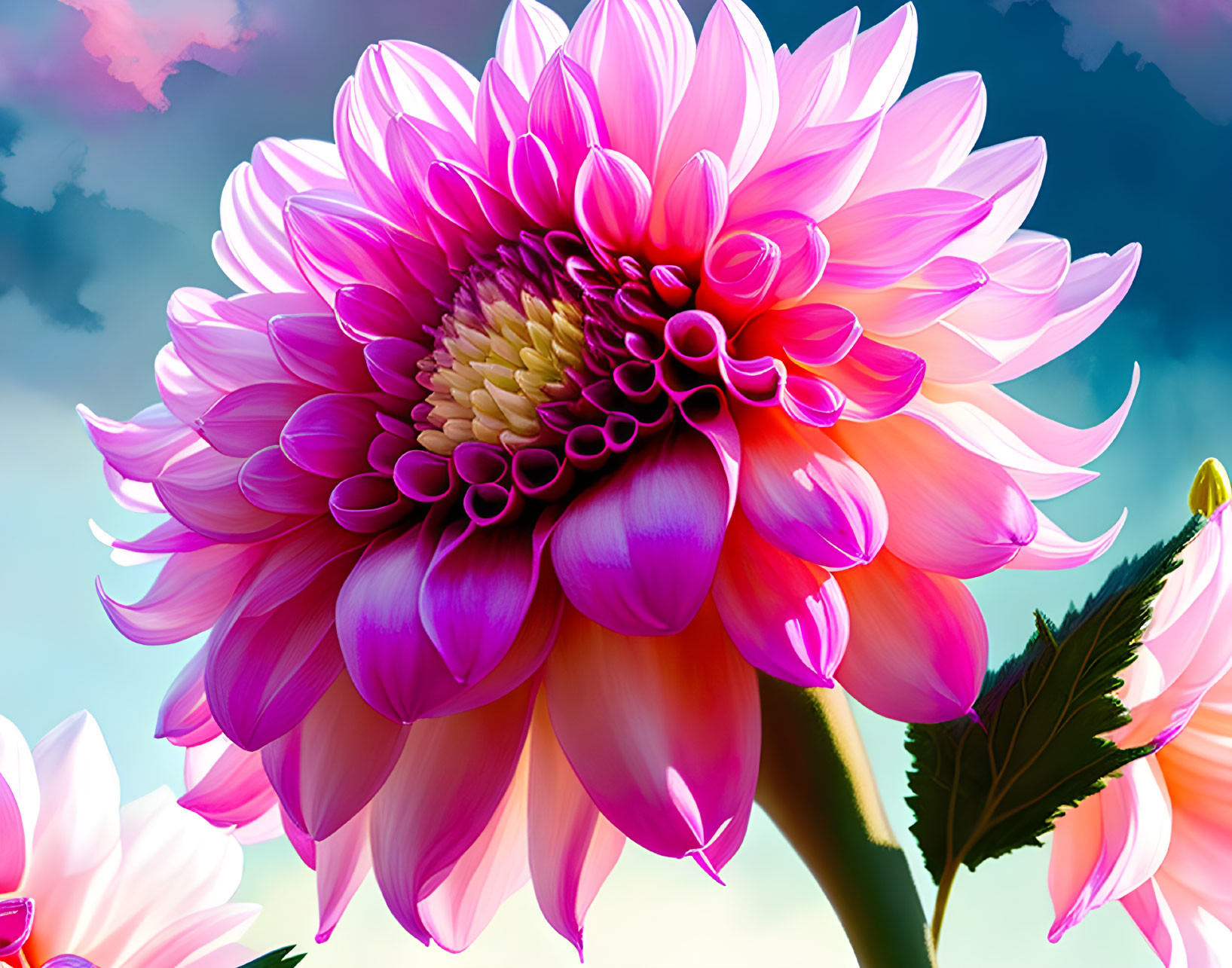 Colorful digital artwork: Large pink dahlia on cloudy sky