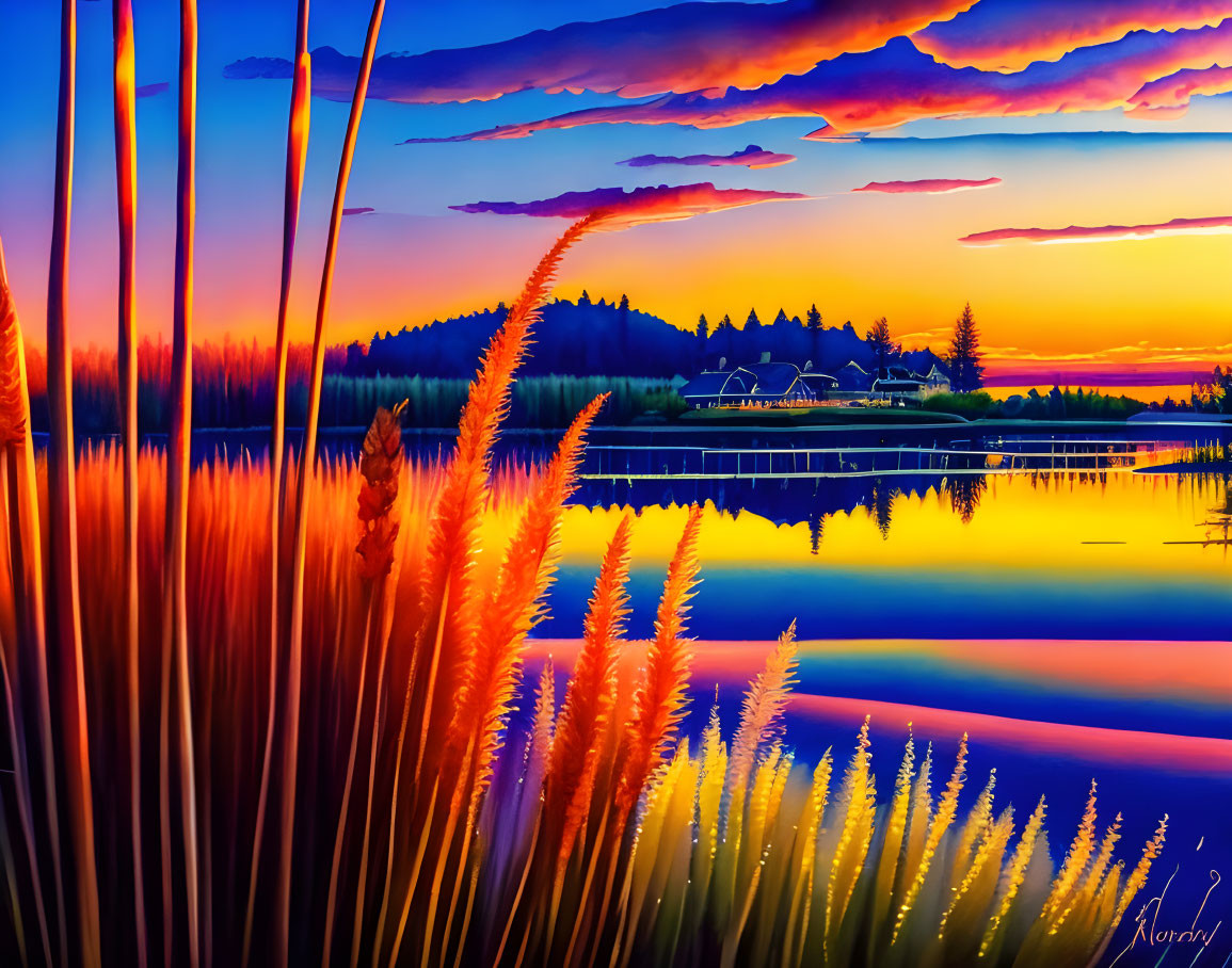 Vibrant sunset with blue and orange skies reflected in calm lake.