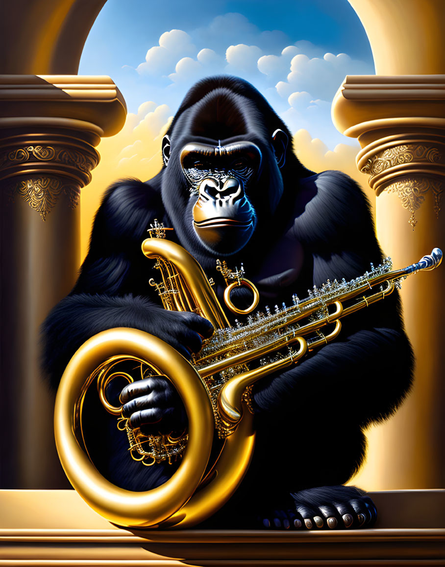 Gorilla with saxophone against golden backdrop