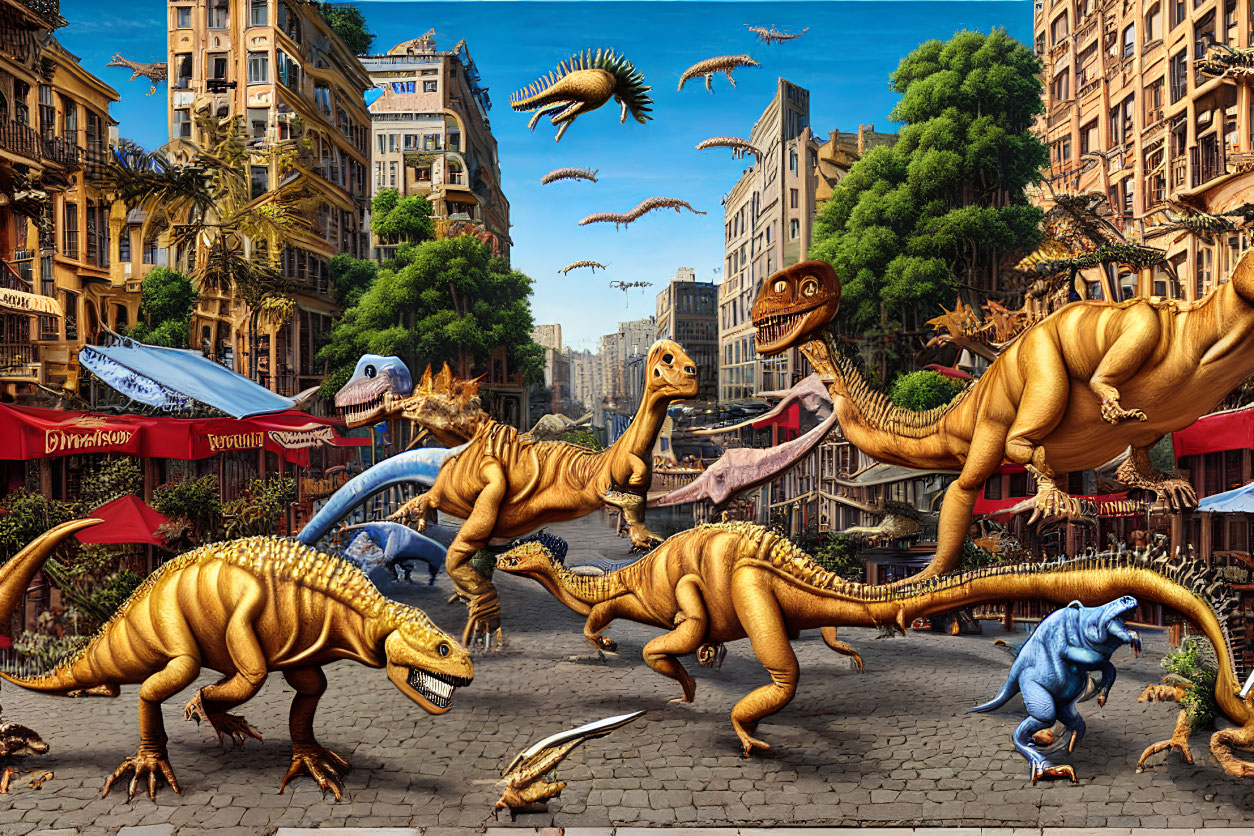 Surreal city scene with roaming dinosaurs and abandoned urban buildings