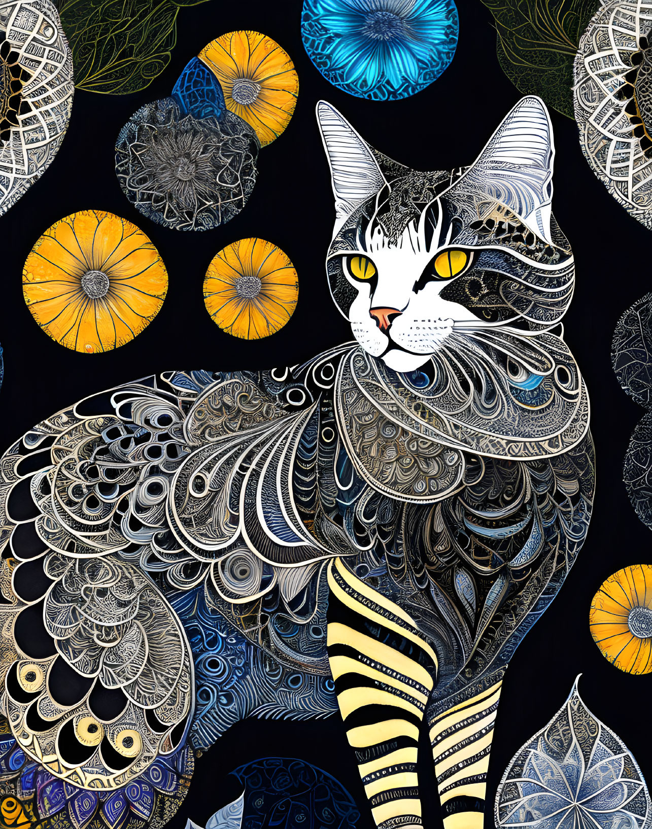 Colorful Cat Illustration with Intricate Patterns on Black Background