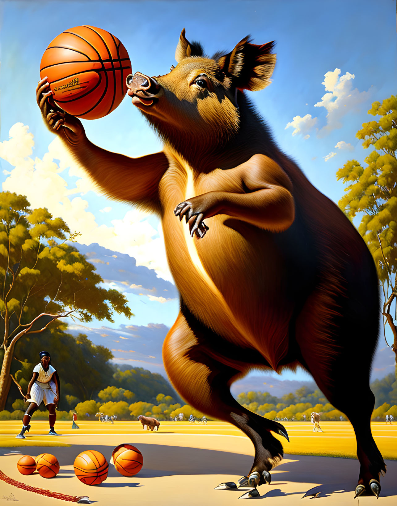 Anthropomorphic pig playing basketball in sunny park with human player and basketballs.