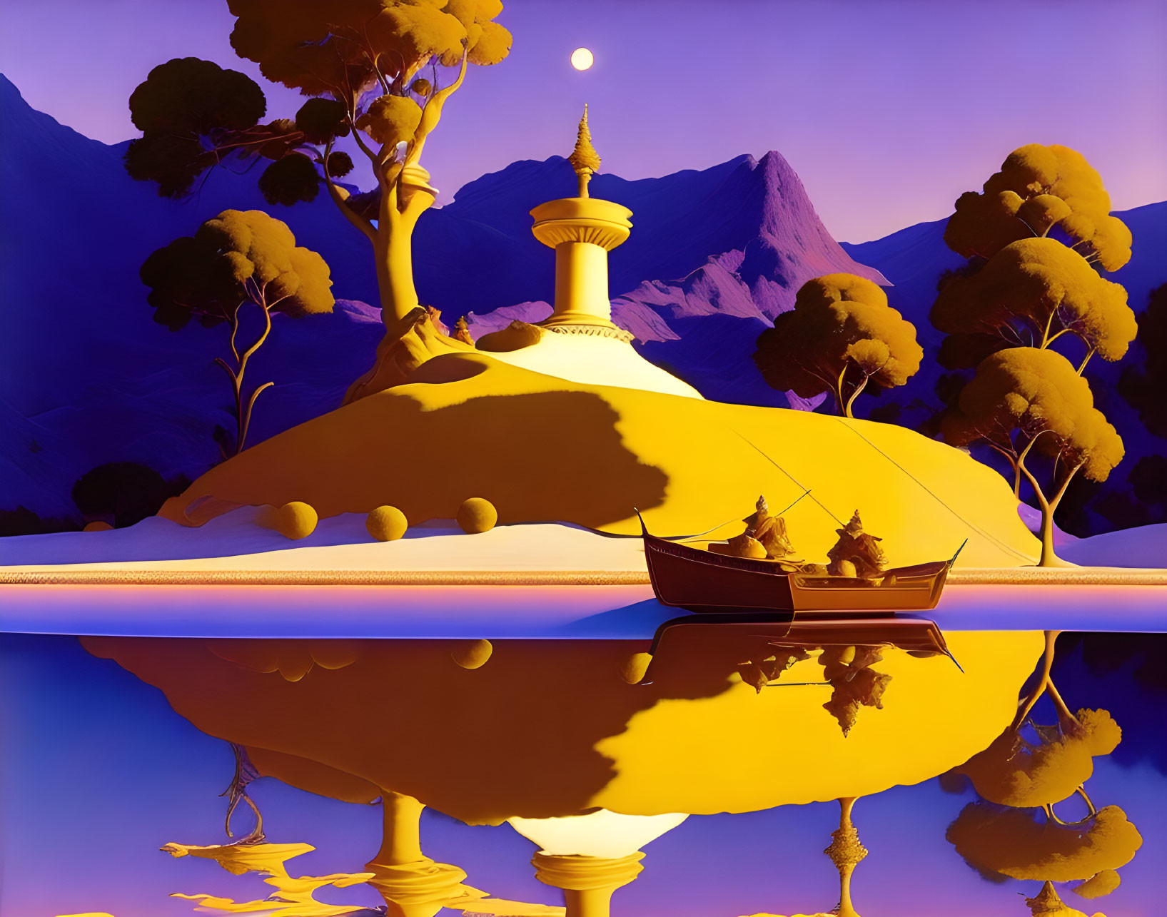 Surreal landscape with floating genie lamp, boat, purple sky, and full moon