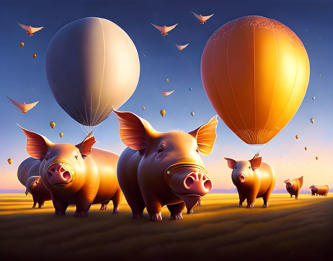 Pigs with Balloon Bodies Floating in Sunset Field with Birds and Scattered Leaves