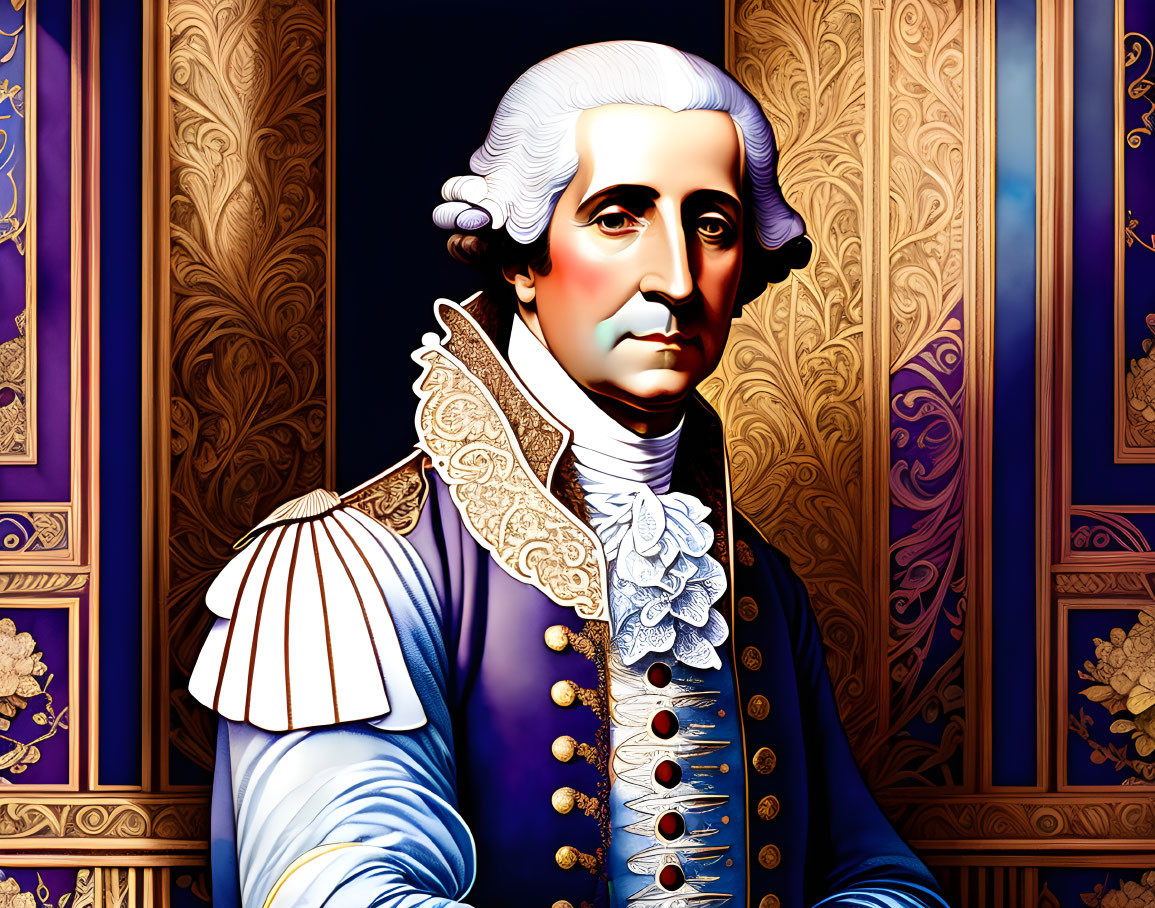 Historical male figure in white wig and blue uniform on ornate golden background