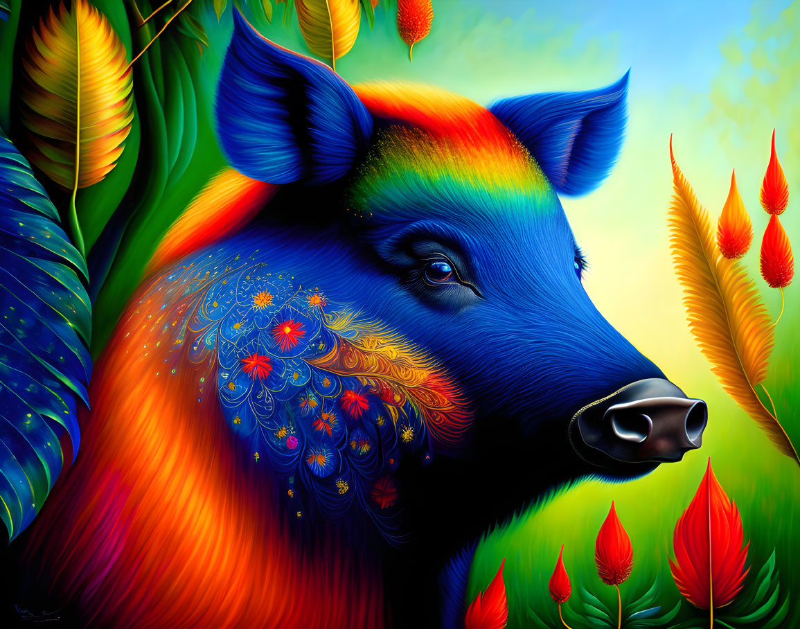 Colorful Rainbow Boar Illustration Surrounded by Tropical Foliage