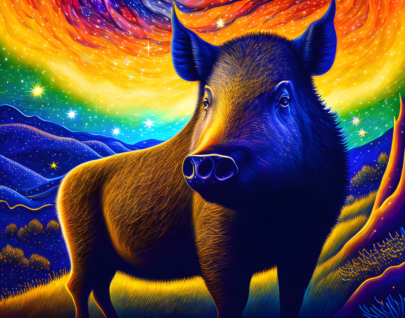 Colorful digital artwork: Boar with glowing outlines in cosmic scene