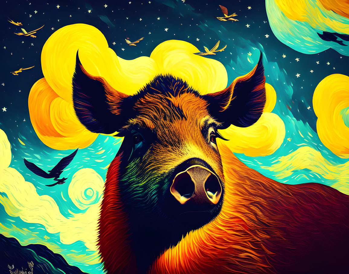 Colorful digital painting: Bison, stars, birds, night sky