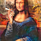 Modernized Mona Lisa with cigarette against abstract backdrop